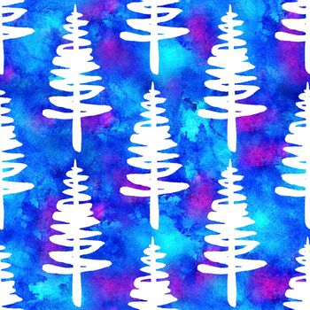 XMAS watercolour Fir Tree Seamless Pattern in White Color on Blue watercolor background. Hand-Painted Spruce Pine tree wallpaper for Ornament, Wrapping or Christmas Decoration.