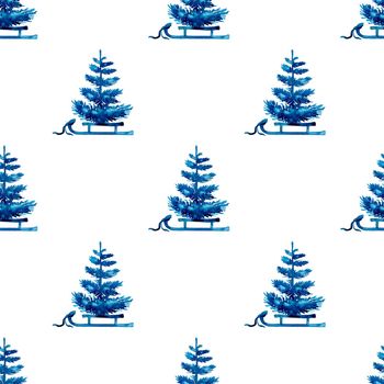 XMAS watercolor Pine Tree and Sleigh Seamless Pattern in Blue Color. Hand Painted fir tree background or wallpaper for Ornament, Wrapping or Christmas Gift.