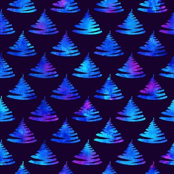 XMAS watercolour Fir Tree Seamless Pattern in White Color on Dark Blue background. Hand-Painted Spruce Pine tree wallpaper for Ornament, Wrapping or Christmas Decoration.