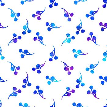 XMAS watercolor Branch Berry Seamless Pattern in Blue Color. Hand Painted background or wallpaper for Ornament, Wrapping or Christmas Gift.