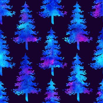 XMAS watercolour Fir Tree Seamless Pattern in White Color on Dark Blue background. Hand-Painted Spruce Pine tree wallpaper for Ornament, Wrapping or Christmas Decoration.