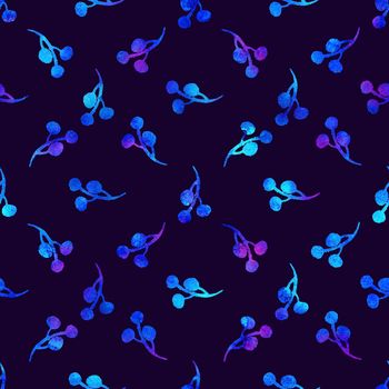 XMAS watercolor Branch Berry Seamless Pattern in Blue Color. Hand Painted background or wallpaper for Ornament, Wrapping or Christmas Gift.