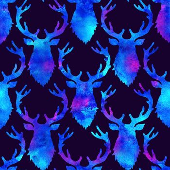 Reindeer XMAS watercolor Deer Stag eamless Pattern in Blue Color. Hand Painted Animal Moose background or wallpaper for Ornament, Wrapping or Christmas Gift.