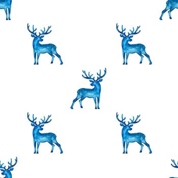 Reindeer XMAS watercolor Deer Stag eamless Pattern in Blue Color. Hand Painted Animal Moose background or wallpaper for Ornament, Wrapping or Christmas Gift.