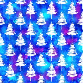 XMAS watercolour Fir Tree Seamless Pattern in White Color on Blue watercolor background. Hand-Painted Spruce Pine tree wallpaper for Ornament, Wrapping or Christmas Decoration.