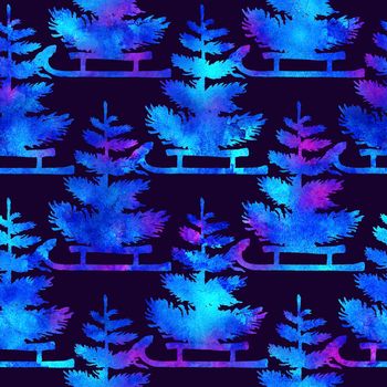 XMAS watercolor Pine Tree and Sleigh Seamless Pattern in Blue Color. Hand Painted fir tree background or wallpaper for Ornament, Wrapping or Christmas Gift.