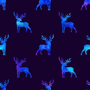 Reindeer XMAS watercolor Deer Stag eamless Pattern in Blue Color. Hand Painted Animal Moose background or wallpaper for Ornament, Wrapping or Christmas Gift.