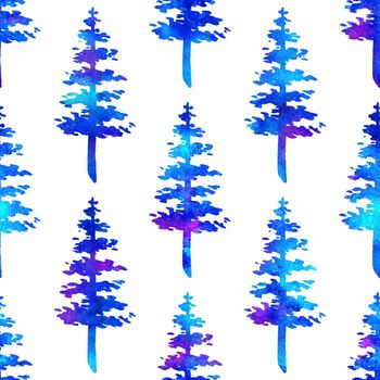 XMAS watercolour Fir Tree Seamless Pattern in Blue Color on white background. Hand-Painted Watercolor Spruce Pine tree wallpaper for Ornament, Wrapping or Christmas Decoration.