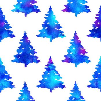 XMAS watercolour Fir Tree Seamless Pattern in Blue Color on white background. Hand-Painted Watercolor Spruce Pine tree wallpaper for Ornament, Wrapping or Christmas Decoration.