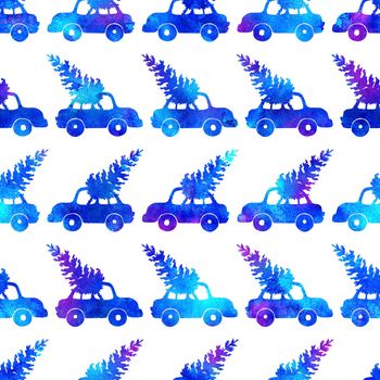 XMAS watercolor Pine Tree and Car Seamless Pattern in Blue Color. Hand Painted fir tree background or wallpaper for Ornament, Wrapping or Christmas Gift.