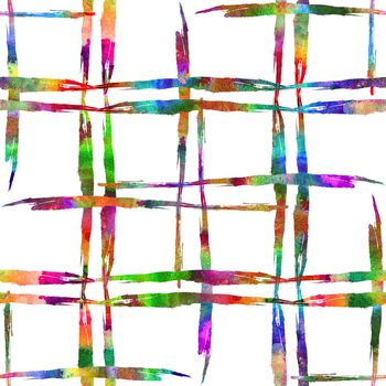 Watercolor Brush Plaid Seamless Pattern Grange Check Geometric Design in Rainbow Color. Modern Strokes Grung Collage Background for kids fabric and textile.