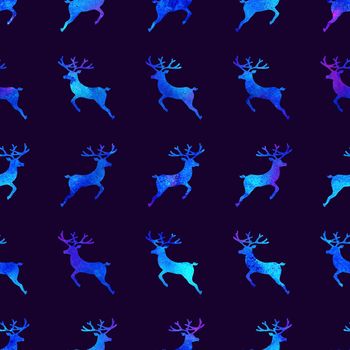 Reindeer XMAS watercolor Deer Stag eamless Pattern in Blue Color. Hand Painted Animal Moose background or wallpaper for Ornament, Wrapping or Christmas Gift.