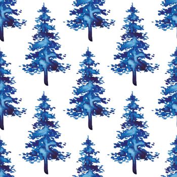 XMAS watercolor Fir Tree Seamless Pattern in Blue Color. Hand Painted Spruce Pine tree background or wallpaper for Ornament, Wrapping or Christmas Decoration.