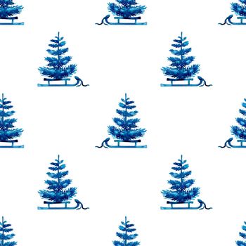 XMAS watercolor Pine Tree and Sleigh Seamless Pattern in Blue Color. Hand Painted fir tree background or wallpaper for Ornament, Wrapping or Christmas Gift.