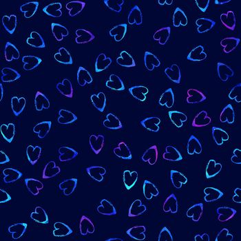 Watercolor Brush Heart Seamless Pattern Love Grange Hand Painted Design in Blue Color. Modern Grung Collage Background for kids fabric and textile.