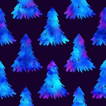 XMAS watercolour Fir Tree Seamless Pattern in White Color on Dark Blue background. Hand-Painted Spruce Pine tree wallpaper for Ornament, Wrapping or Christmas Decoration.