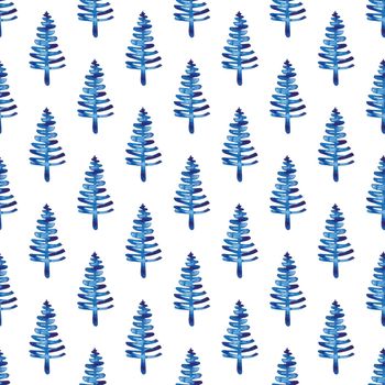 XMAS watercolor Fir Tree Seamless Pattern in Blue Color. Hand Painted Spruce Pine tree background or wallpaper for Ornament, Wrapping or Christmas Decoration.