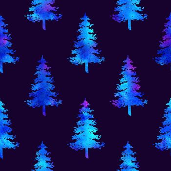 XMAS watercolour Fir Tree Seamless Pattern in White Color on Dark Blue background. Hand-Painted Spruce Pine tree wallpaper for Ornament, Wrapping or Christmas Decoration.