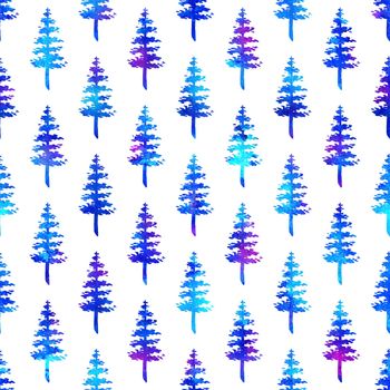 XMAS watercolour Fir Tree Seamless Pattern in Blue Color on white background. Hand-Painted Watercolor Spruce Pine tree wallpaper for Ornament, Wrapping or Christmas Decoration.