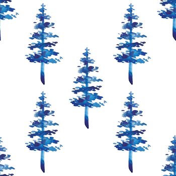 XMAS watercolor Fir Tree Seamless Pattern in Blue Color. Hand Painted Spruce Pine tree background or wallpaper for Ornament, Wrapping or Christmas Decoration.