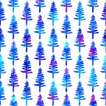 XMAS watercolour Fir Tree Seamless Pattern in Blue Color on white background. Hand-Painted Watercolor Spruce Pine tree wallpaper for Ornament, Wrapping or Christmas Decoration.