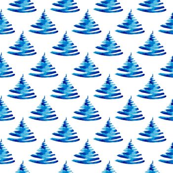 XMAS watercolor Pine Tree Seamless Pattern in Blue Color. Hand Painted fir tree background or wallpaper for Ornament, Wrapping or Christmas Gift.