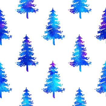 XMAS watercolour Fir Tree Seamless Pattern in Blue Color on white background. Hand-Painted Watercolor Spruce Pine tree wallpaper for Ornament, Wrapping or Christmas Decoration.