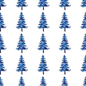 XMAS watercolor Fir Tree Seamless Pattern in Blue Color. Hand Painted Spruce Pine tree background or wallpaper for Ornament, Wrapping or Christmas Decoration.