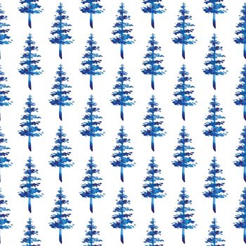 XMAS watercolor Fir Tree Seamless Pattern in Blue Color. Hand Painted Spruce Pine tree background or wallpaper for Ornament, Wrapping or Christmas Decoration.