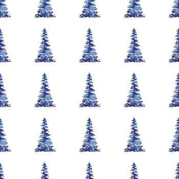 XMAS watercolor Fir Tree Seamless Pattern in Blue Color. Hand Painted Spruce Pine tree background or wallpaper for Ornament, Wrapping or Christmas Decoration.