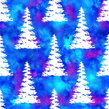 XMAS watercolour Fir Tree Seamless Pattern in White Color on Blue watercolor background. Hand-Painted Spruce Pine tree wallpaper for Ornament, Wrapping or Christmas Decoration.