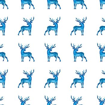 Reindeer XMAS watercolor Deer Stag eamless Pattern in Blue Color. Hand Painted Animal Moose background or wallpaper for Ornament, Wrapping or Christmas Gift.