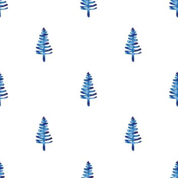 XMAS watercolor Fir Tree Seamless Pattern in Blue Color. Hand Painted Spruce Pine tree background or wallpaper for Ornament, Wrapping or Christmas Decoration.