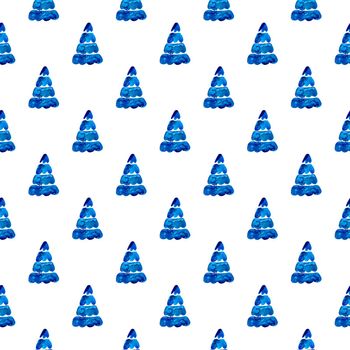 XMAS watercolor Pine Tree Seamless Pattern in Blue Color. Hand Painted fir tree background or wallpaper for Ornament, Wrapping or Christmas Gift.