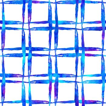 Watercolor Brush Plaid Seamless Pattern Hand Painted Check Grange Geometric Design in Blue Color. Modern Strokes and Stripes.