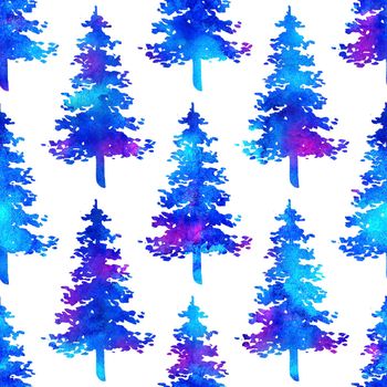 XMAS watercolour Fir Tree Seamless Pattern in Blue Color on white background. Hand-Painted Watercolor Spruce Pine tree wallpaper for Ornament, Wrapping or Christmas Decoration.