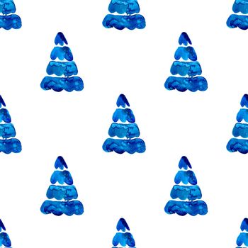 XMAS watercolor Pine Tree Seamless Pattern in Blue Color. Hand Painted fir tree background or wallpaper for Ornament, Wrapping or Christmas Gift.