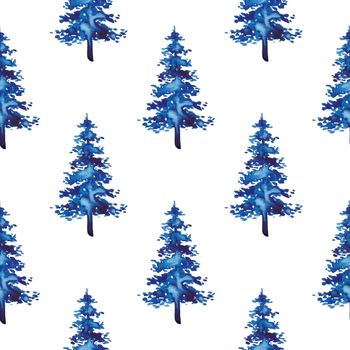 XMAS watercolor Fir Tree Seamless Pattern in Blue Color. Hand Painted Spruce Pine tree background or wallpaper for Ornament, Wrapping or Christmas Decoration.