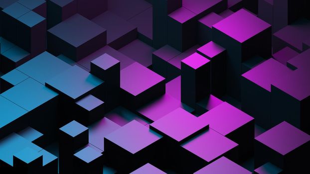 Abstract blue purple digital data background 3d render polygon. Abstract techno purple geometric technology background.