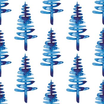 XMAS watercolor Fir Tree Seamless Pattern in Blue Color. Hand Painted Spruce Pine tree background or wallpaper for Ornament, Wrapping or Christmas Decoration.