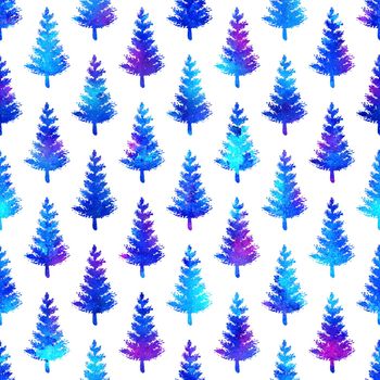 XMAS watercolour Fir Tree Seamless Pattern in Blue Color on white background. Hand-Painted Watercolor Spruce Pine tree wallpaper for Ornament, Wrapping or Christmas Decoration.