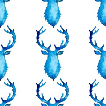 Reindeer XMAS watercolor Deer Stag eamless Pattern in Blue Color. Hand Painted Animal Moose background or wallpaper for Ornament, Wrapping or Christmas Gift.