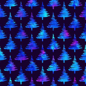 XMAS watercolour Fir Tree Seamless Pattern in White Color on Dark Blue background. Hand-Painted Spruce Pine tree wallpaper for Ornament, Wrapping or Christmas Decoration.