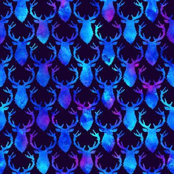 Reindeer XMAS watercolor Deer Stag eamless Pattern in Blue Color. Hand Painted Animal Moose background or wallpaper for Ornament, Wrapping or Christmas Gift.