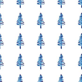 XMAS watercolor Fir Tree Seamless Pattern in Blue Color. Hand Painted Spruce Pine tree background or wallpaper for Ornament, Wrapping or Christmas Decoration.