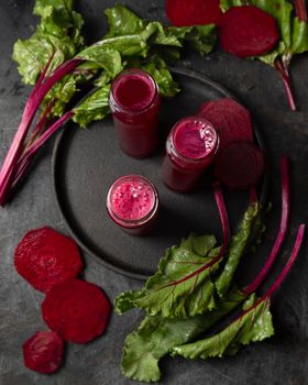 top view beet juice bottles. Beautiful photo