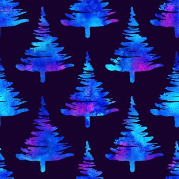 XMAS watercolour Fir Tree Seamless Pattern in White Color on Dark Blue background. Hand-Painted Spruce Pine tree wallpaper for Ornament, Wrapping or Christmas Decoration.