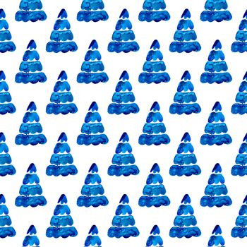 XMAS watercolor Pine Tree Seamless Pattern in Blue Color. Hand Painted fir tree background or wallpaper for Ornament, Wrapping or Christmas Gift.