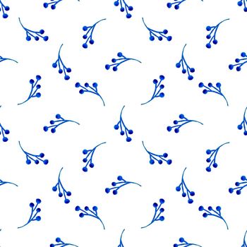 XMAS watercolor Branch Berry Seamless Pattern in Blue Color. Hand Painted background or wallpaper for Ornament, Wrapping or Christmas Gift.