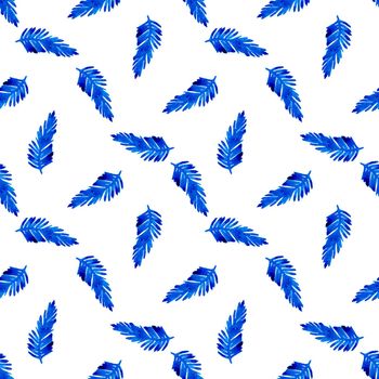 XMAS watercolor Branch Pine Tree Seamless Pattern in Blue Color. Hand Painted Floral Branches fir tree background or wallpaper for Ornament, Wrapping or Christmas Gift.